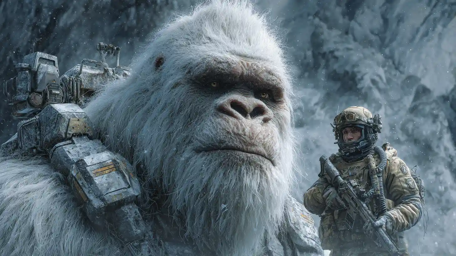 Cyber armored white yeti close up in snowy mountains