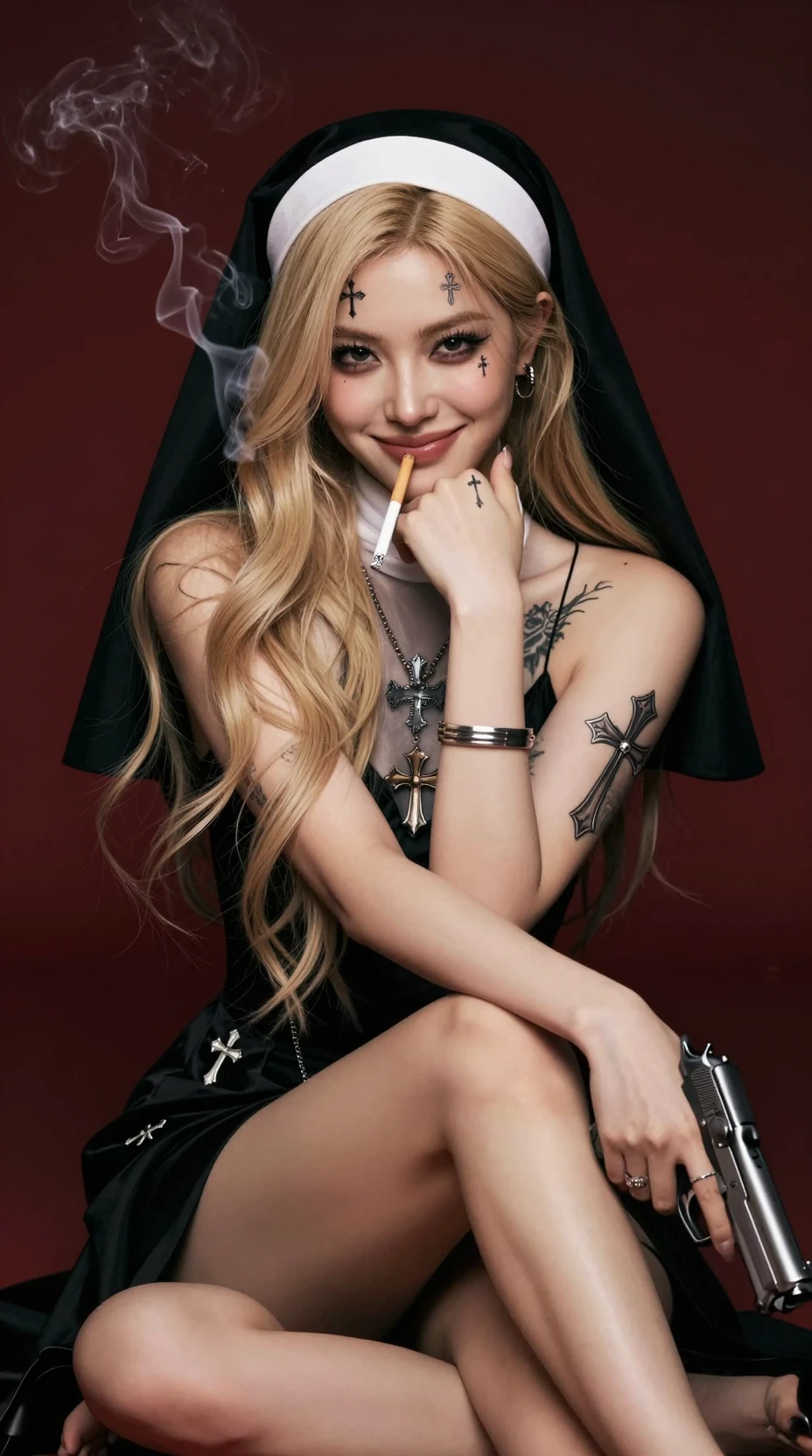 Tattooed nun smoking with gun in cinematic portrait