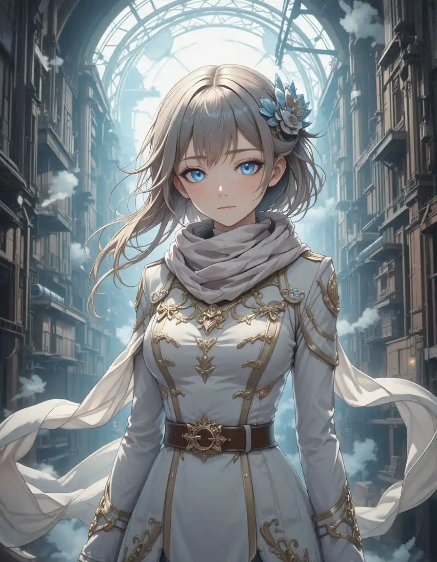 Anime woman with glowing eyes in steampunk city