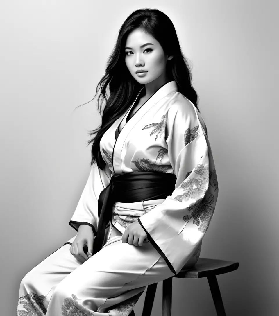 Vietnamese woman in silk yukata style outfit full body sketch