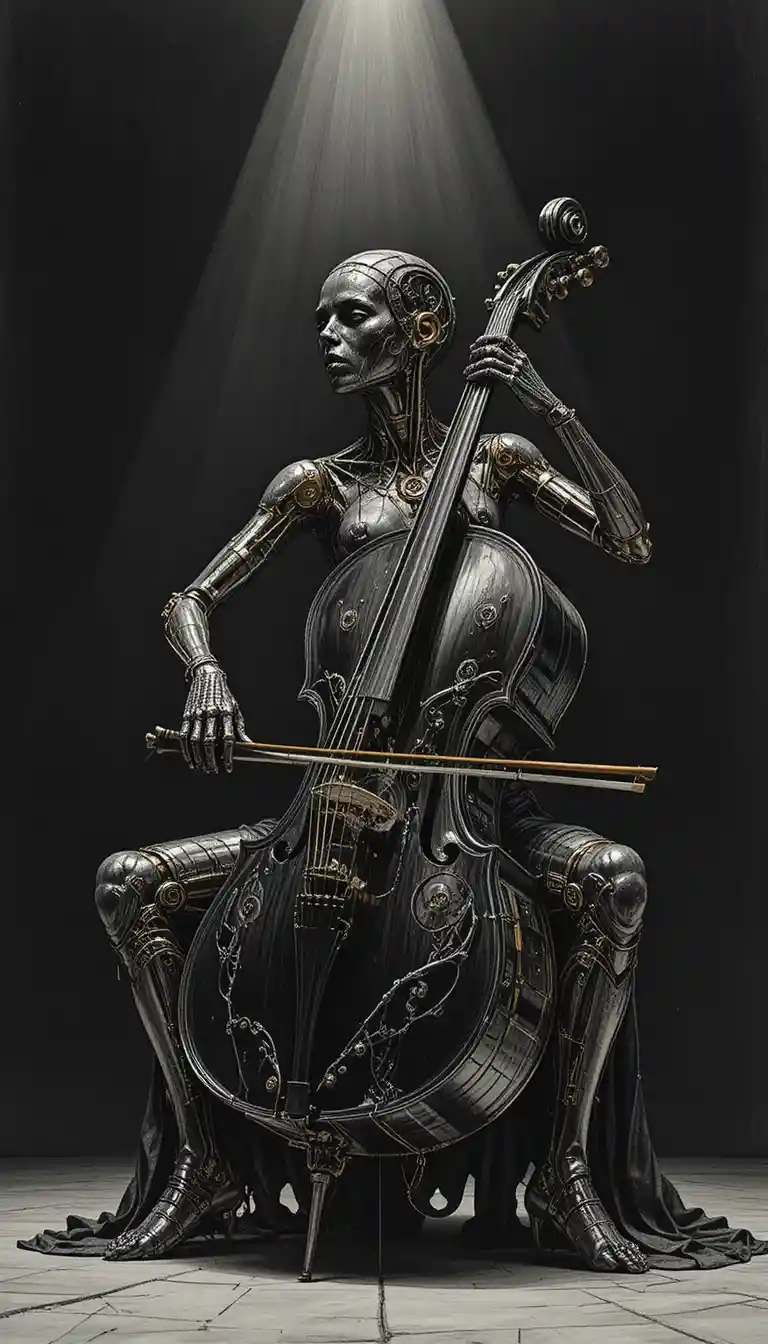 Biomechanical woman fused with cello on dark stage