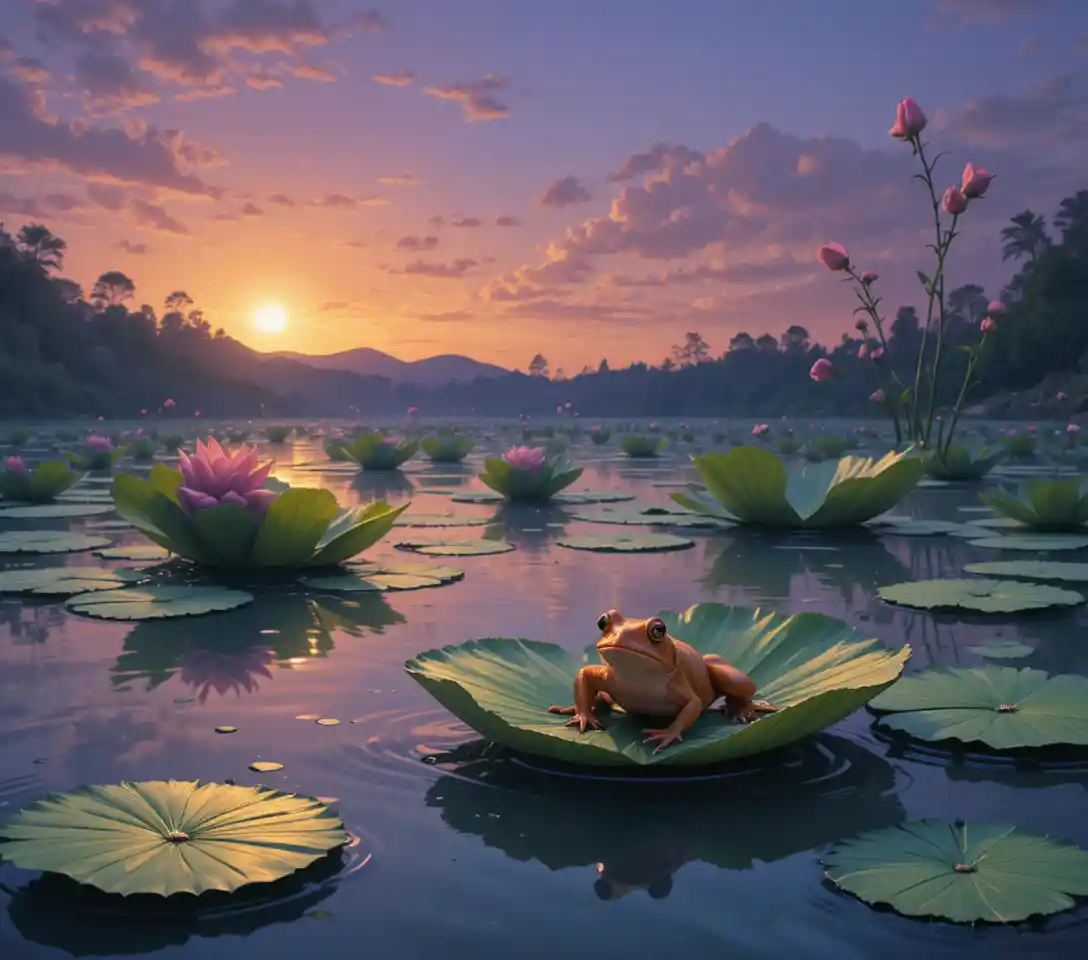 Small brown frog resting on lily pad at dusk