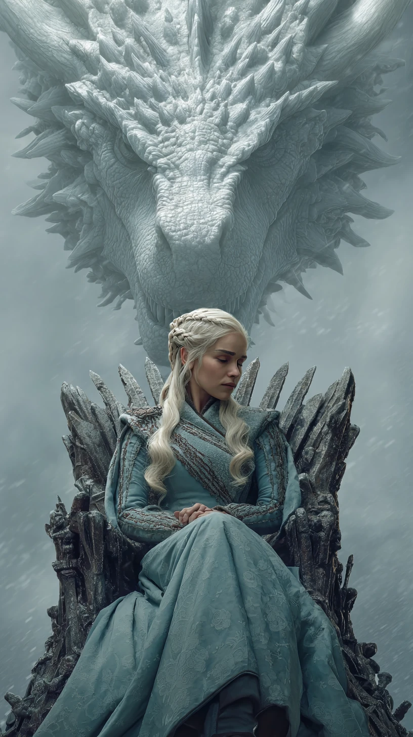 Woman on iron throne beneath a towering white dragon