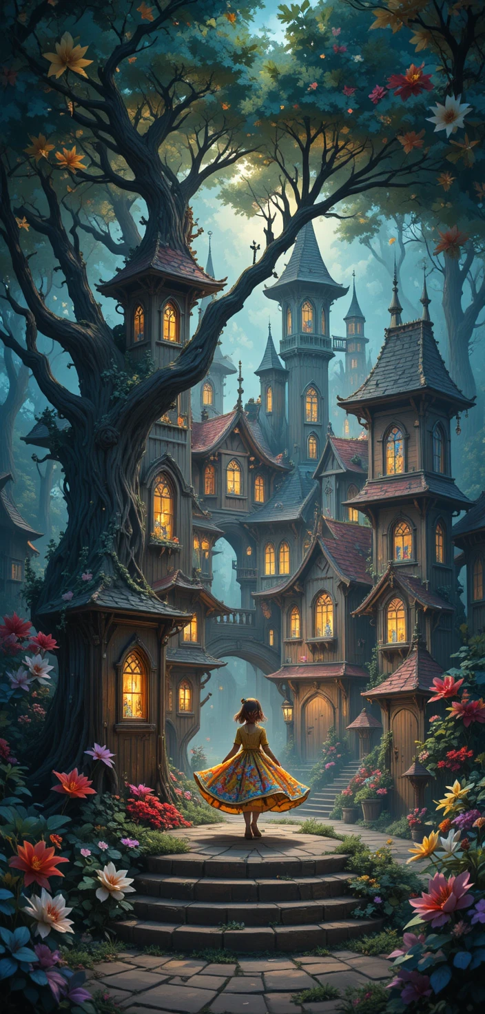 Petite fille en robe de feuilles sur une scène magique de conte