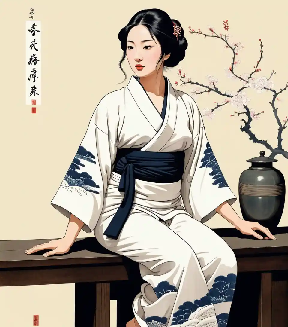 미니멀 인테리어에서 실크 유카타를 입은 베트남 여성