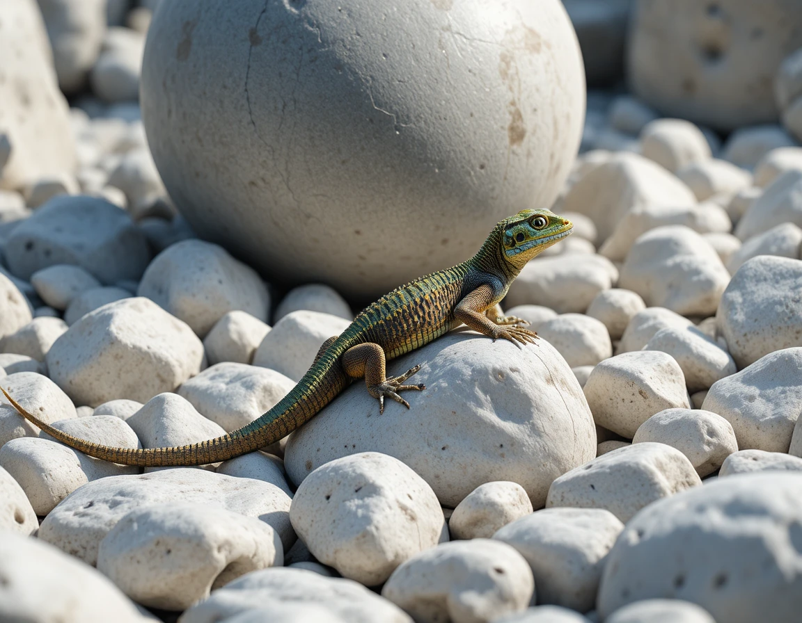 Petit lézard reposant sur des galets blancs à la lumière naturelle