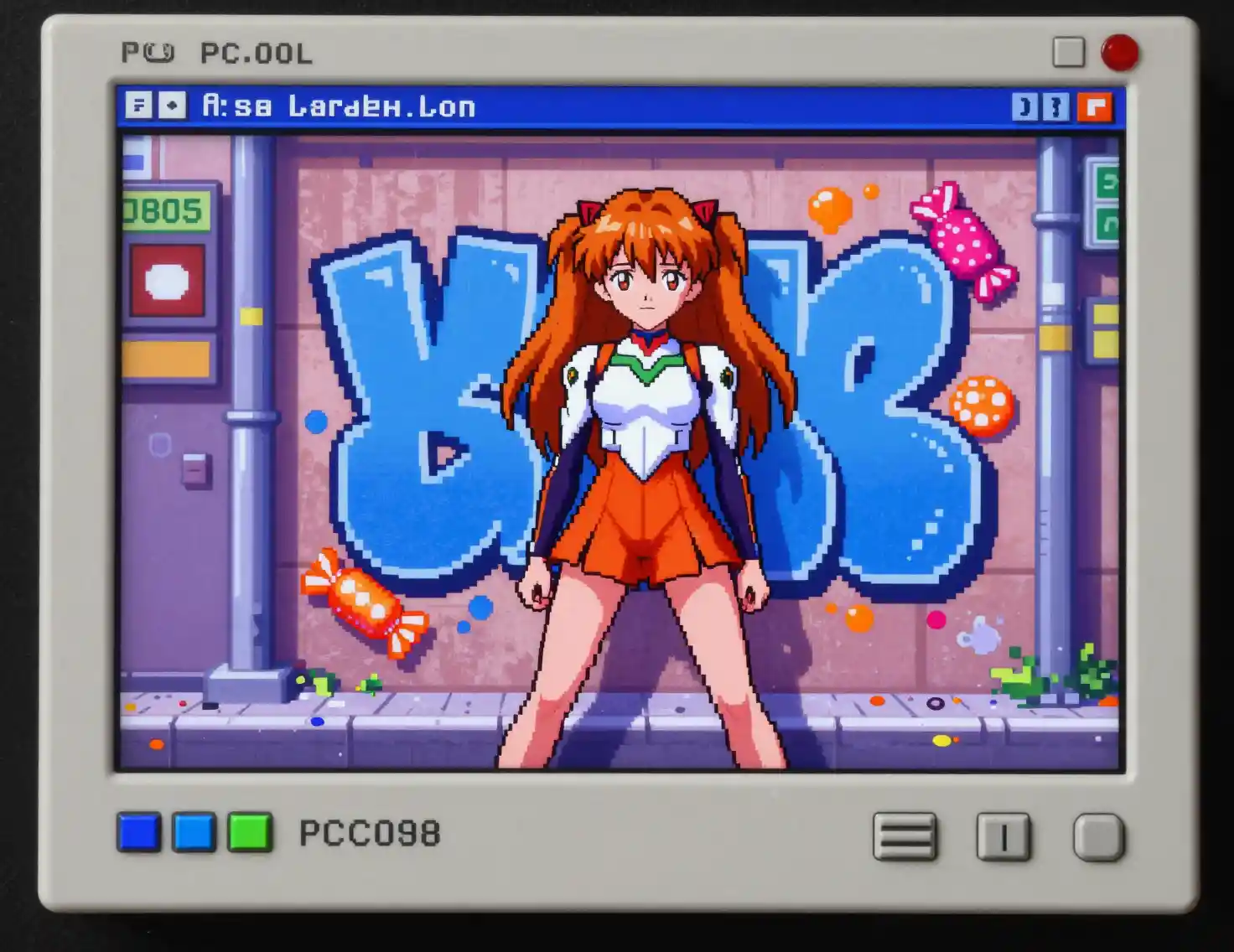 Anime-Mädchen sprüht Graffiti in einer Retro-Pixel-Spielstraße