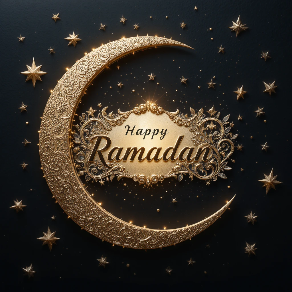 Lua Crescente Brilhante com Rótulo em Cursiva Happy Ramadan