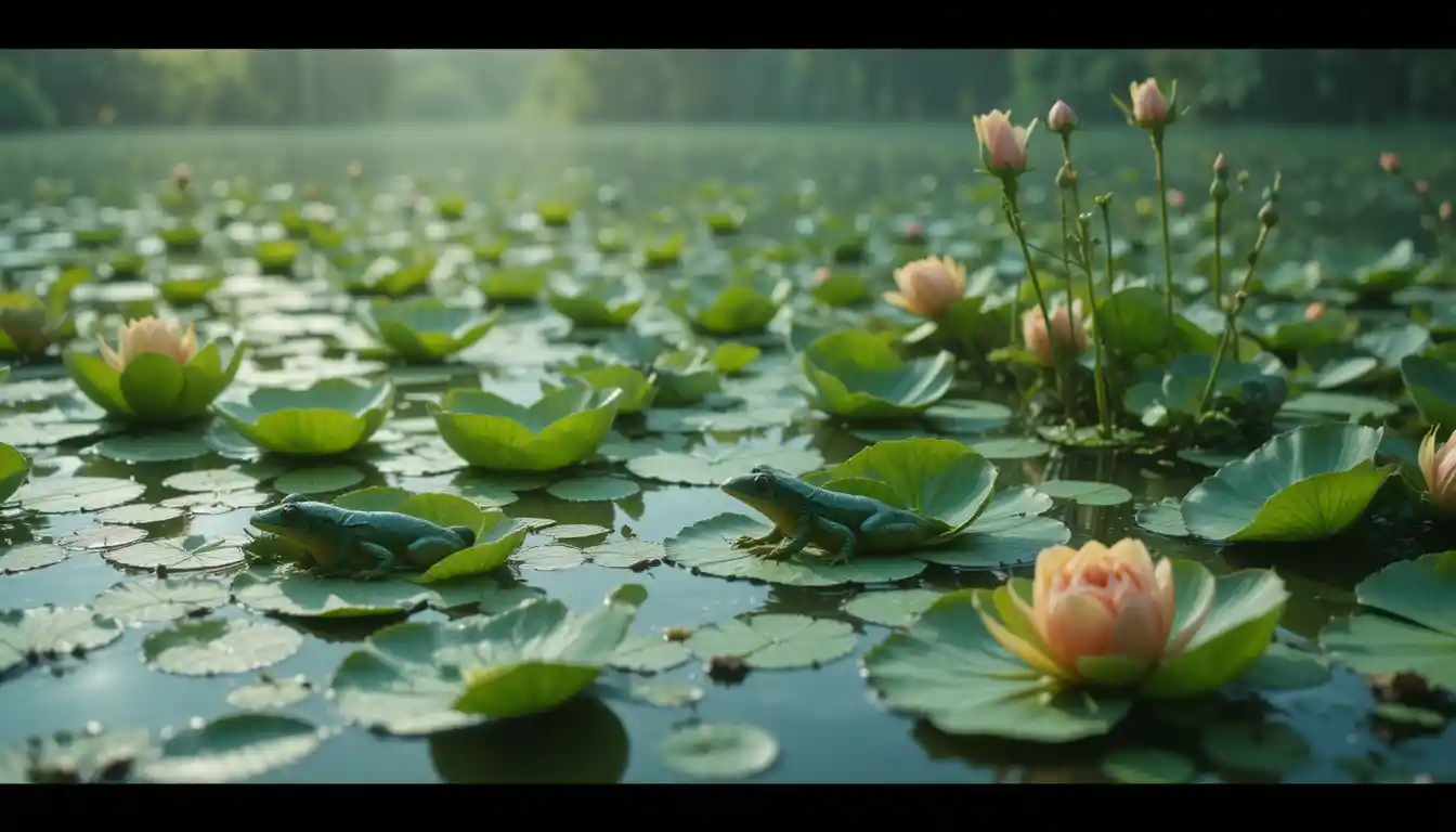 Large frogs resting on bright green lily pads