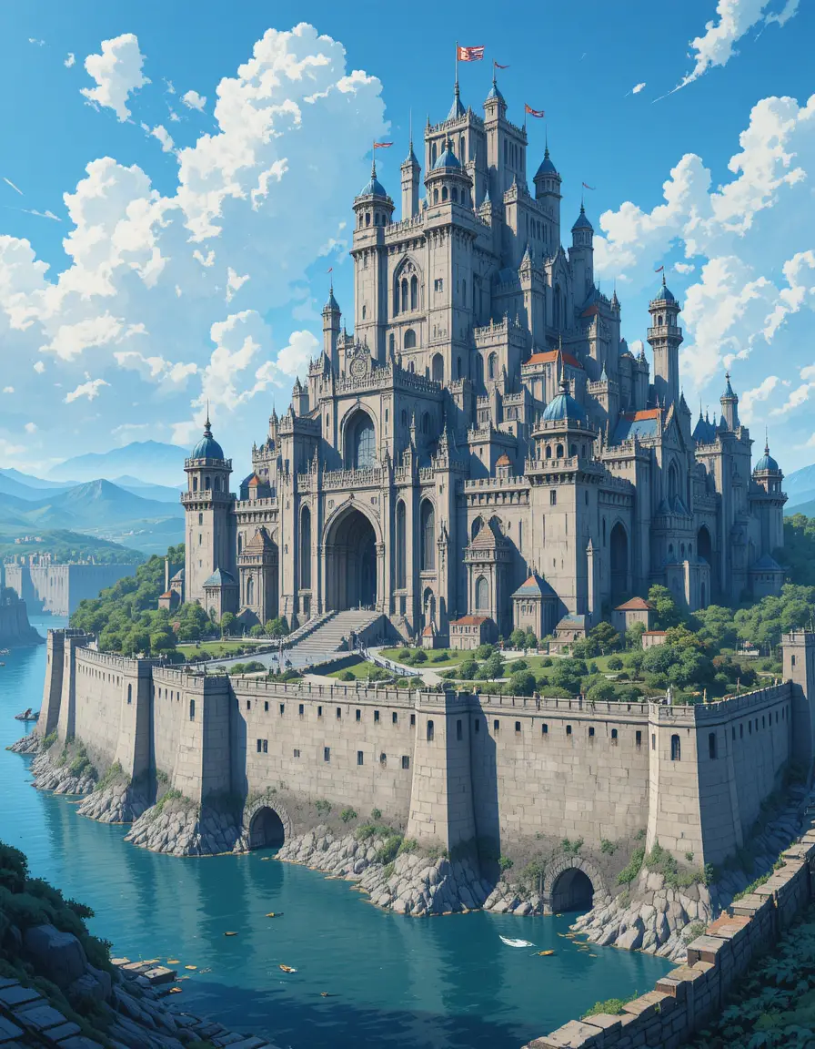 Anime fortress city rising above a wide defensive moat
