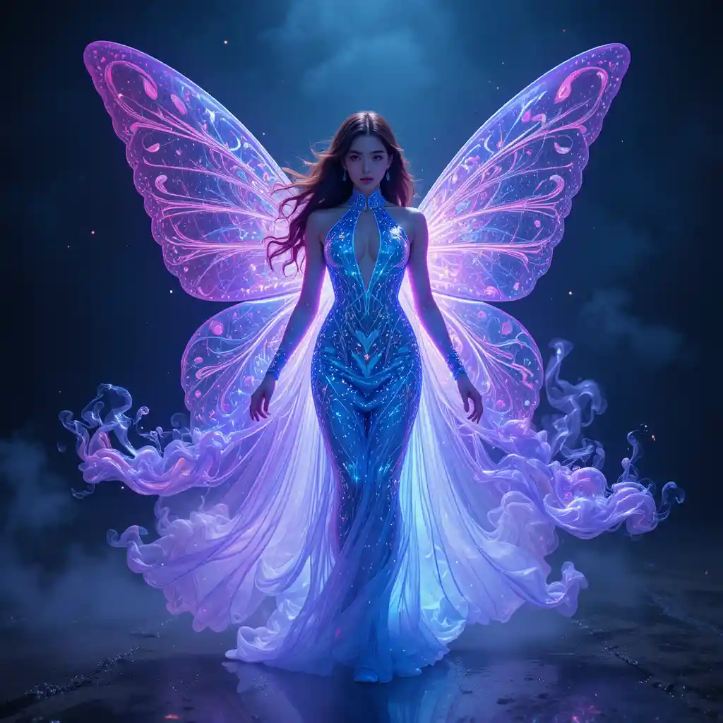 Ethereal goddess walking through a glowing void in darkness