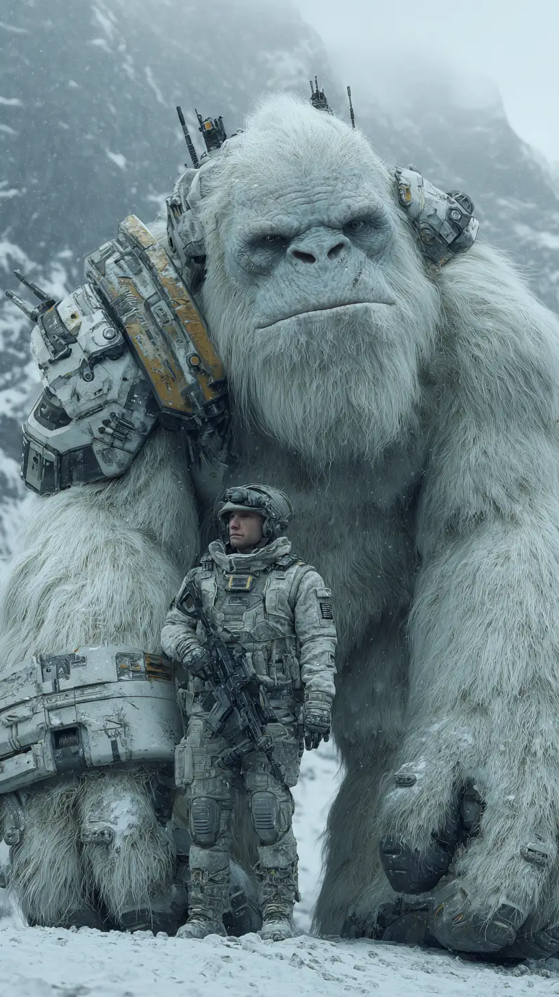 Cyber armored white yeti beside soldier in snowy mountains