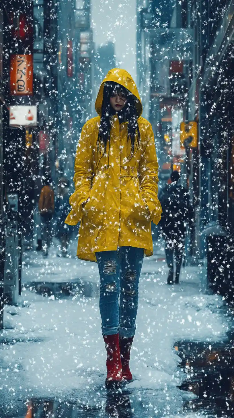 Signora gatto con impermeabile giallo che cammina sotto una forte nevicata