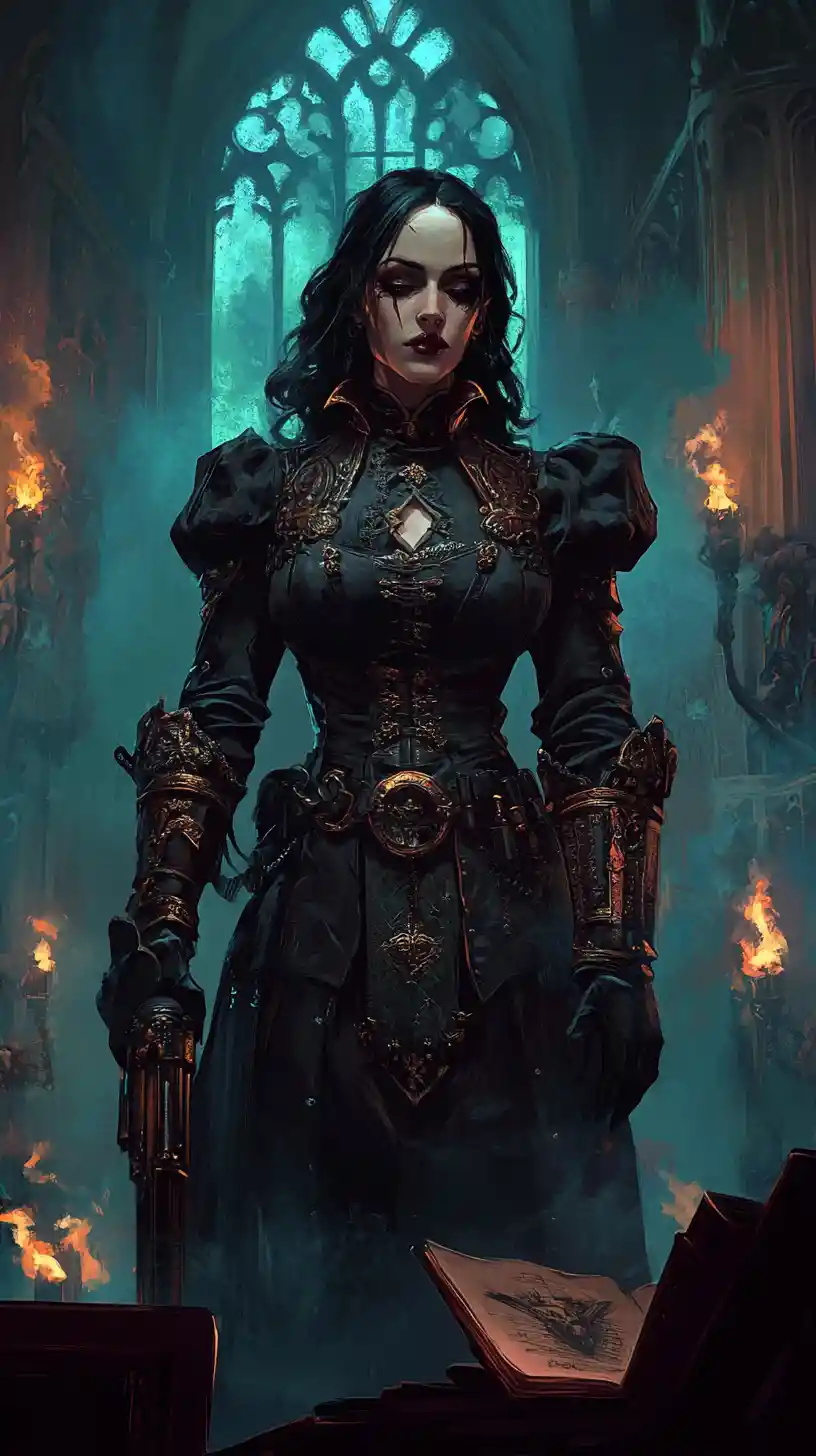 Vampire priestess in a dark steampunk street