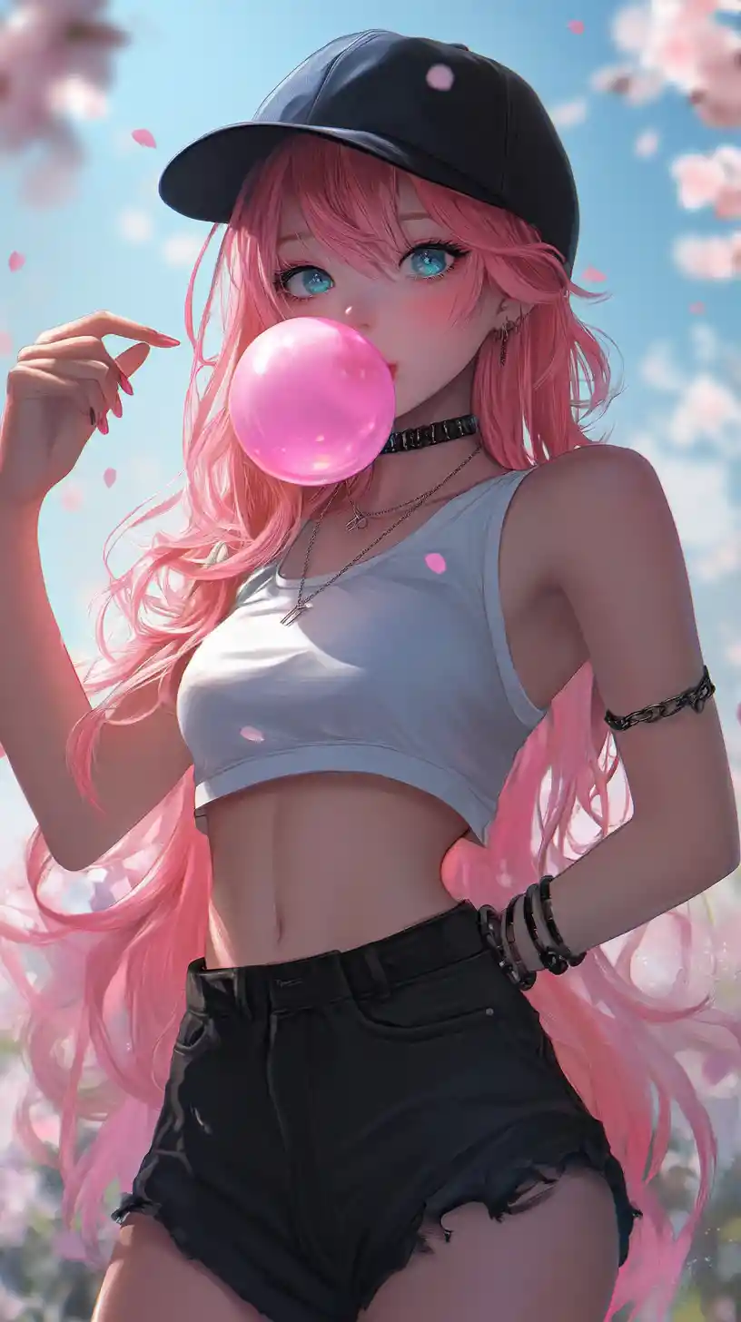 Ragazza anime dai capelli rosa che fa una bolla di gomma in primavera