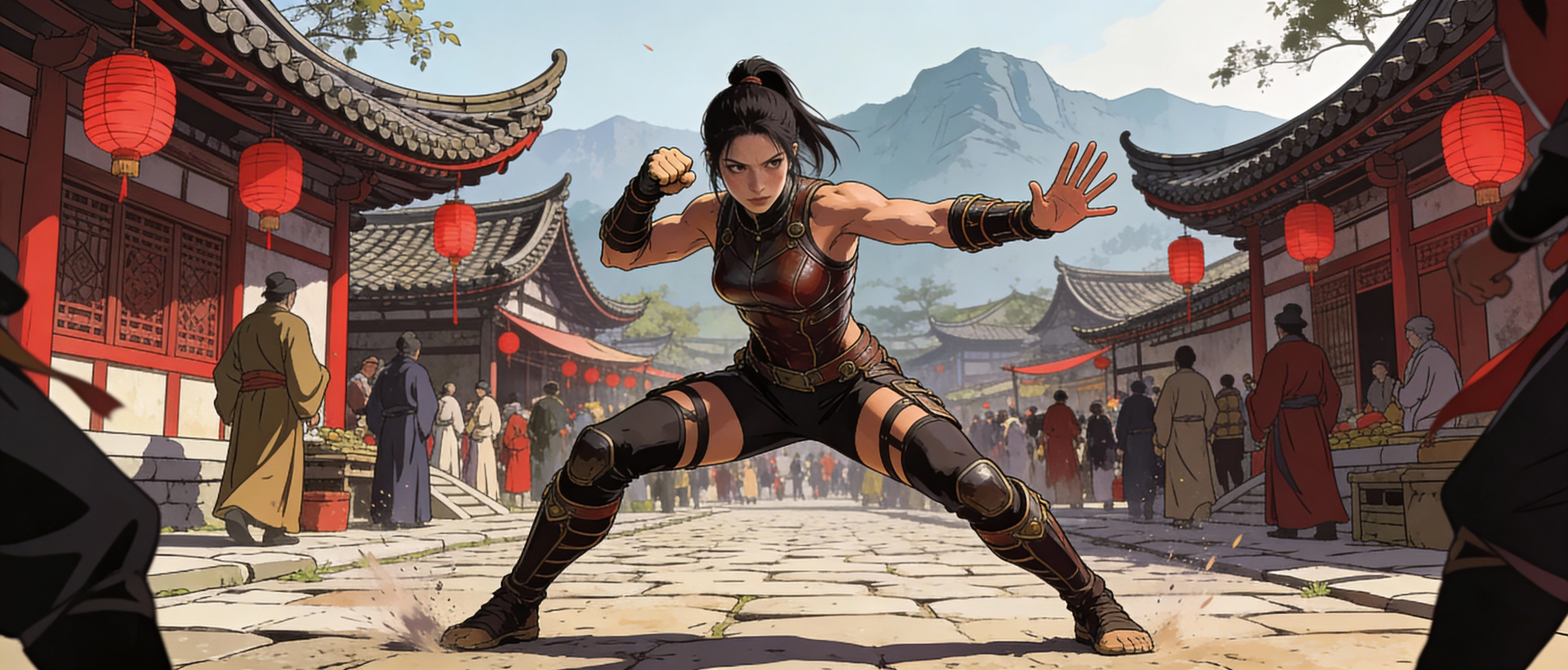 Female martial artist in a medieval Asian village street