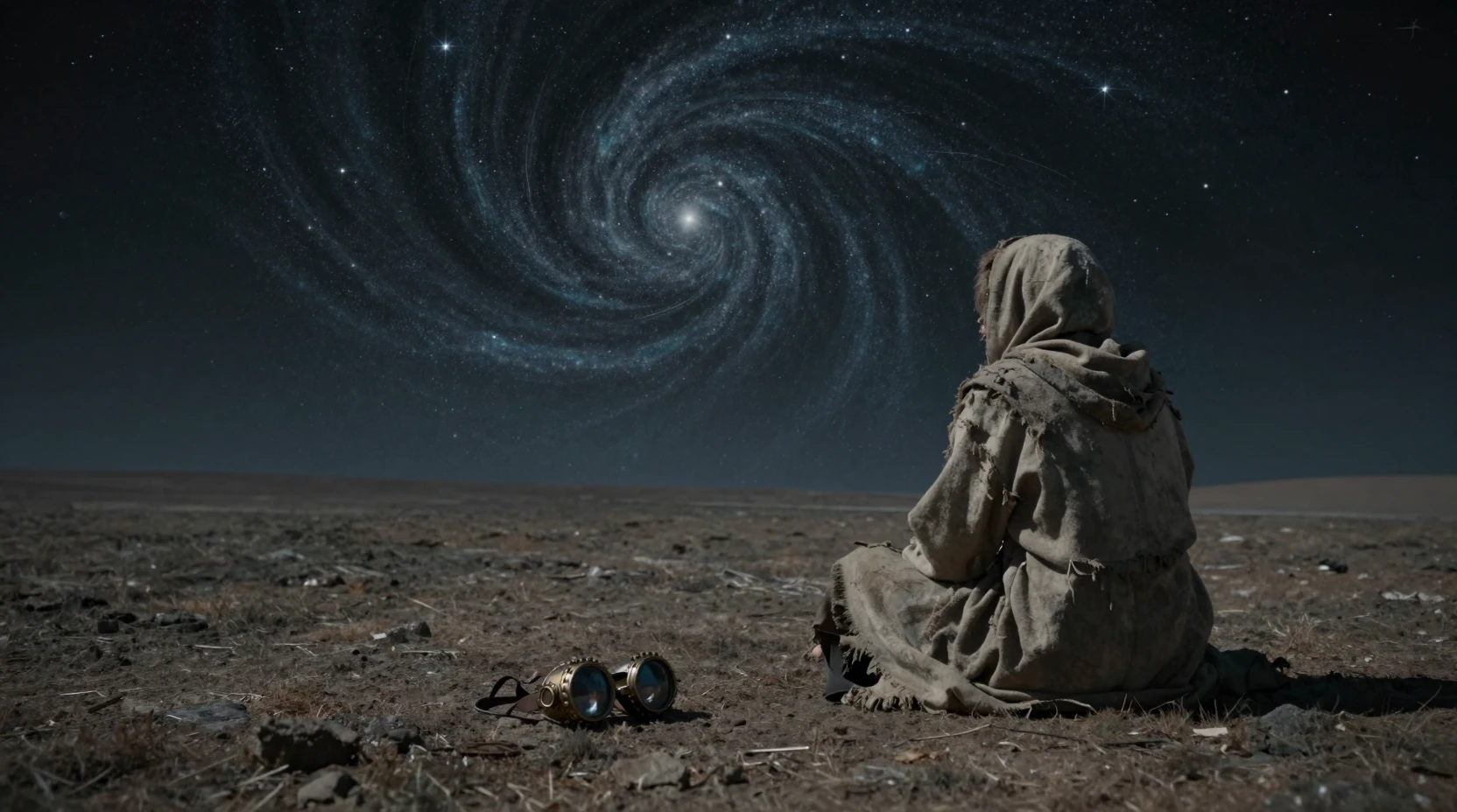 Figura Incappucciata sul Limite di un Desolato Vuoto Cosmico