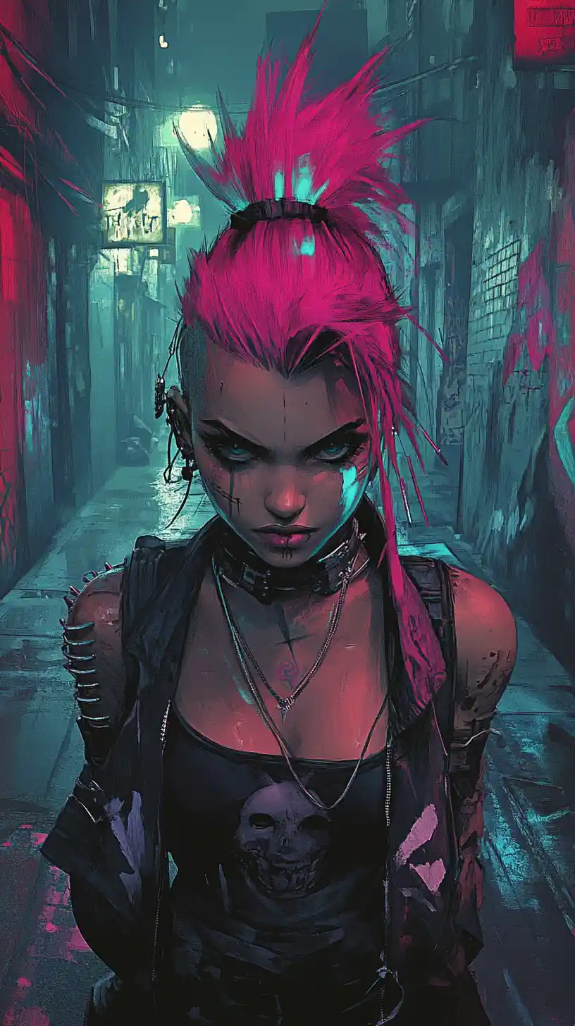 Cyberpunk-Frau posiert in von Neon beleuchteter Graffiti-Gasse