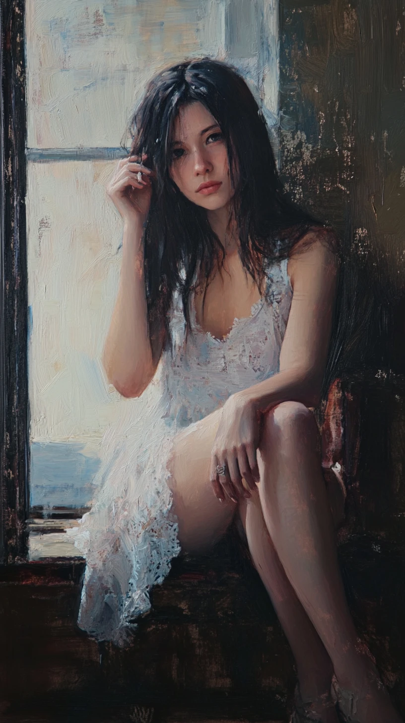 Contemplative woman by a softly lit window in white