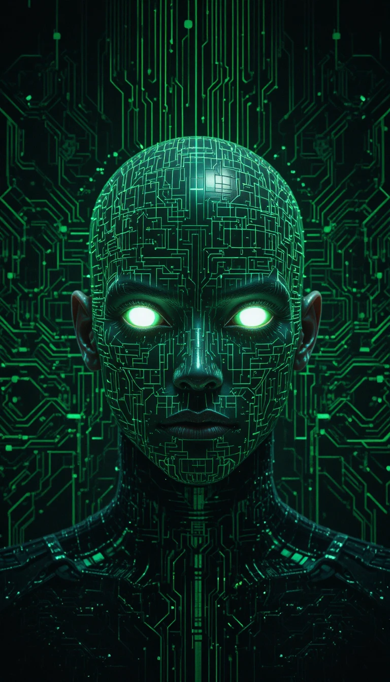 Visage androgyne d’androïde aux yeux lumineux dans une grille de circuits