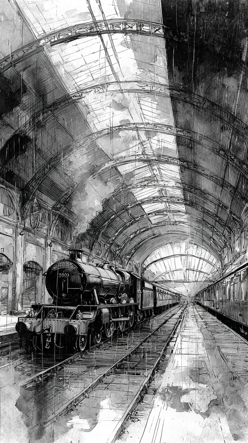 Trem a vapor vintage em vasta estação ferroviária abobadada