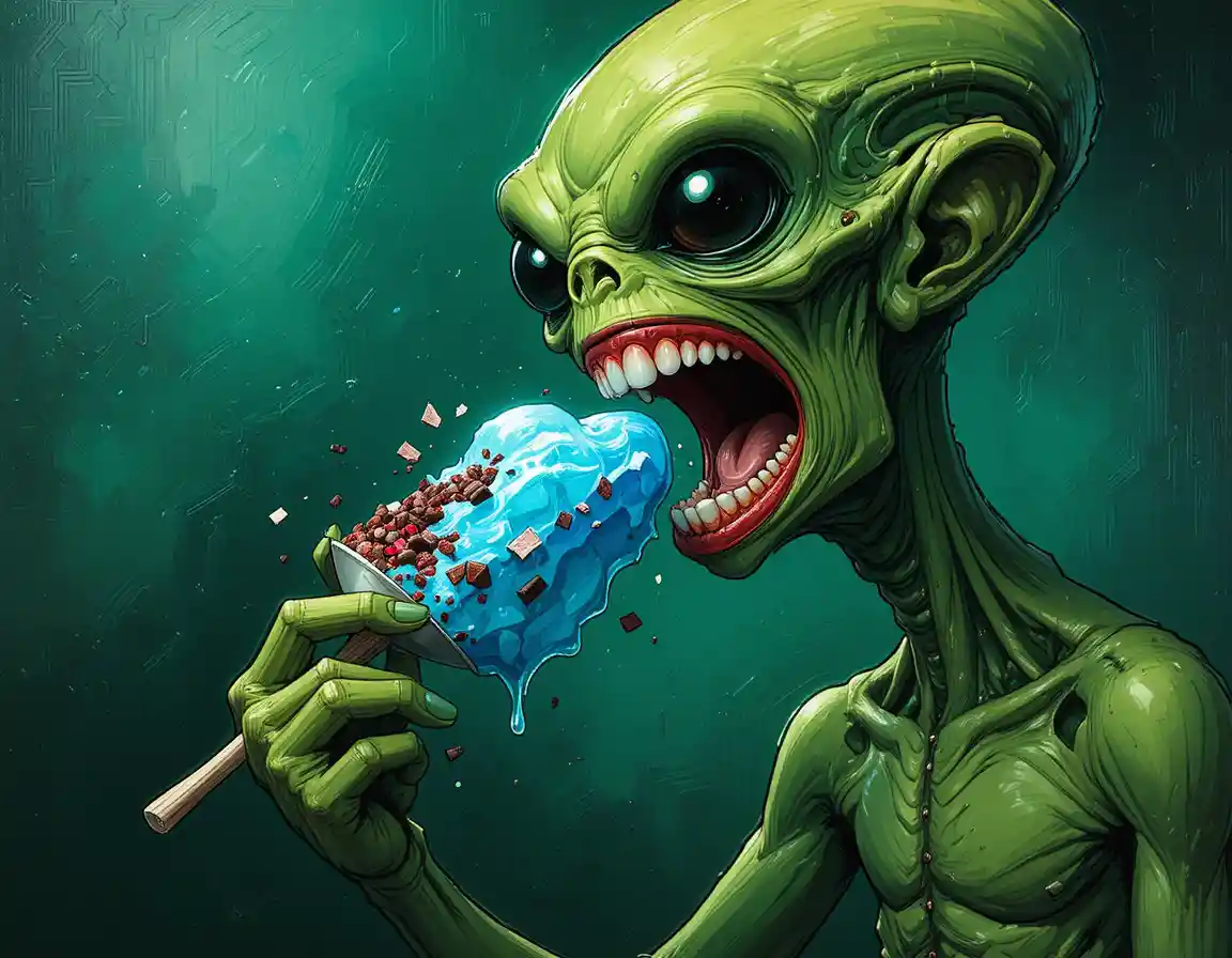 Green alien viciously eating ice cream in cartoon style
