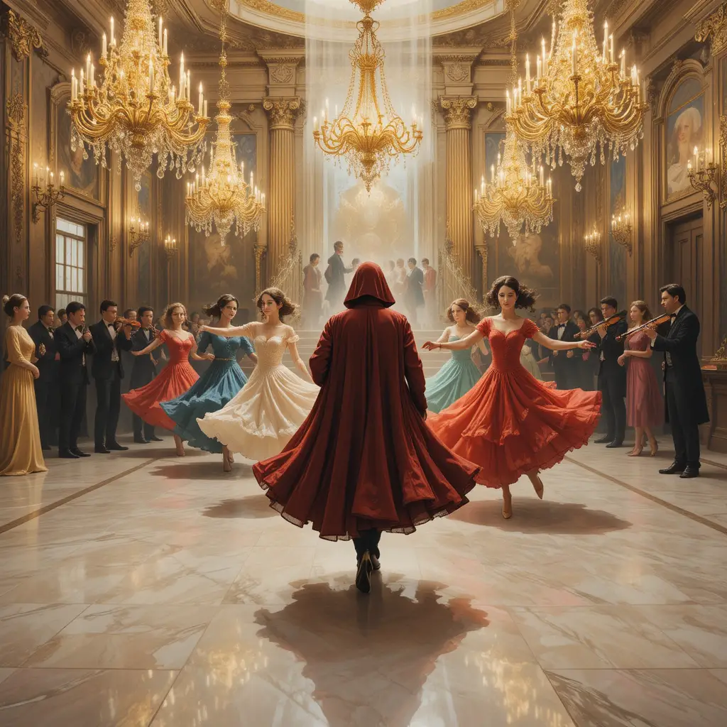 Golden chandeliers above masked dancers on polished marble floor
