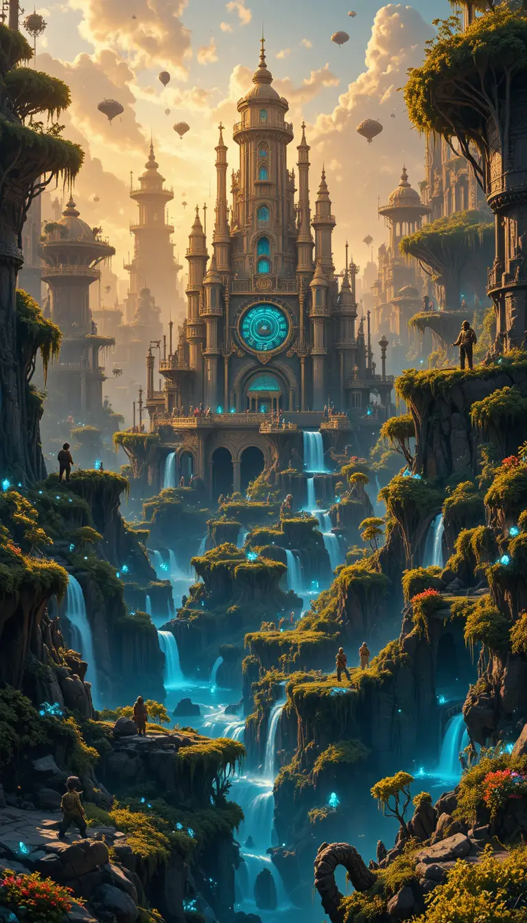 Panoramic Fantasy Landscape With Floating Forest And Citadel