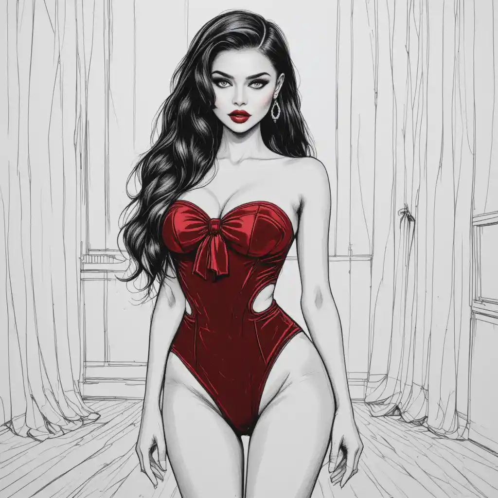 Woman in red velvet bodysuit in bright modern room