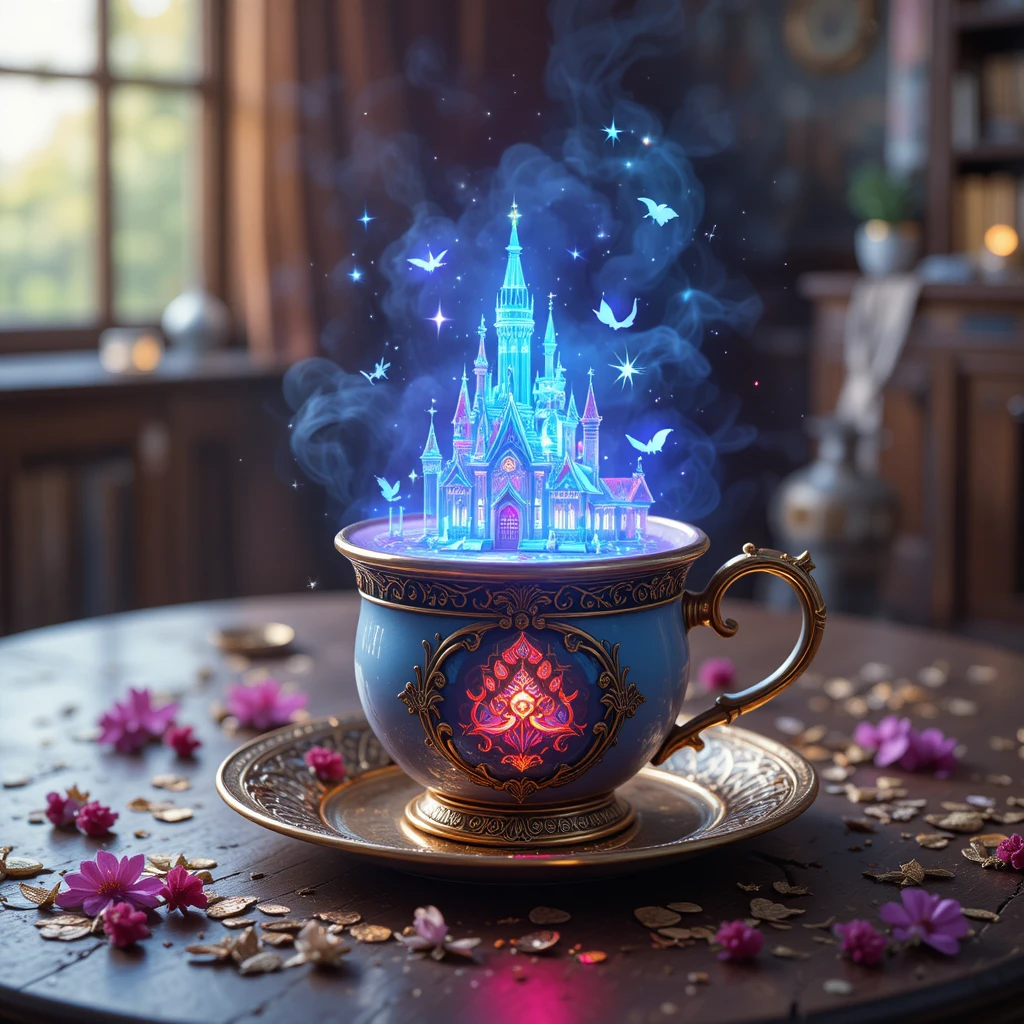 Glowing Magical Cup Casting A Bright Fairy Tale Hologram