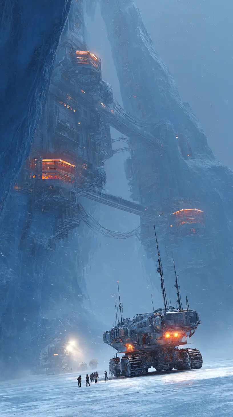 Futuristic research towers carved into a colossal blue glacier wall