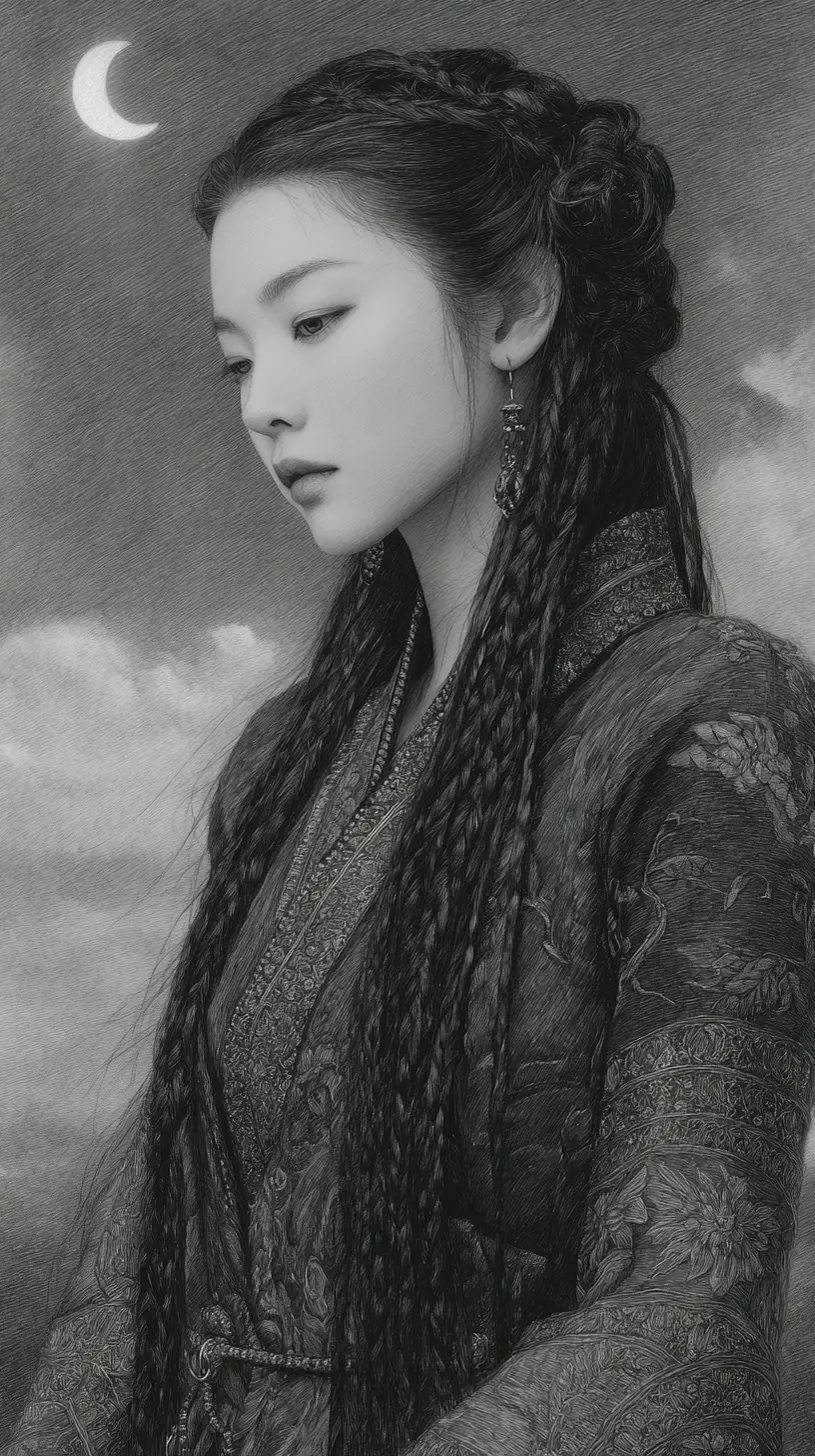 Melancholic woman in traditional East Asian style under moonlight