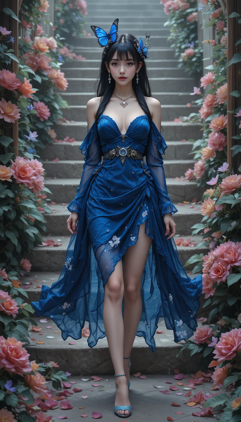 Elegantes Anime-Mädchen im blauen Kleid auf Außentreppe