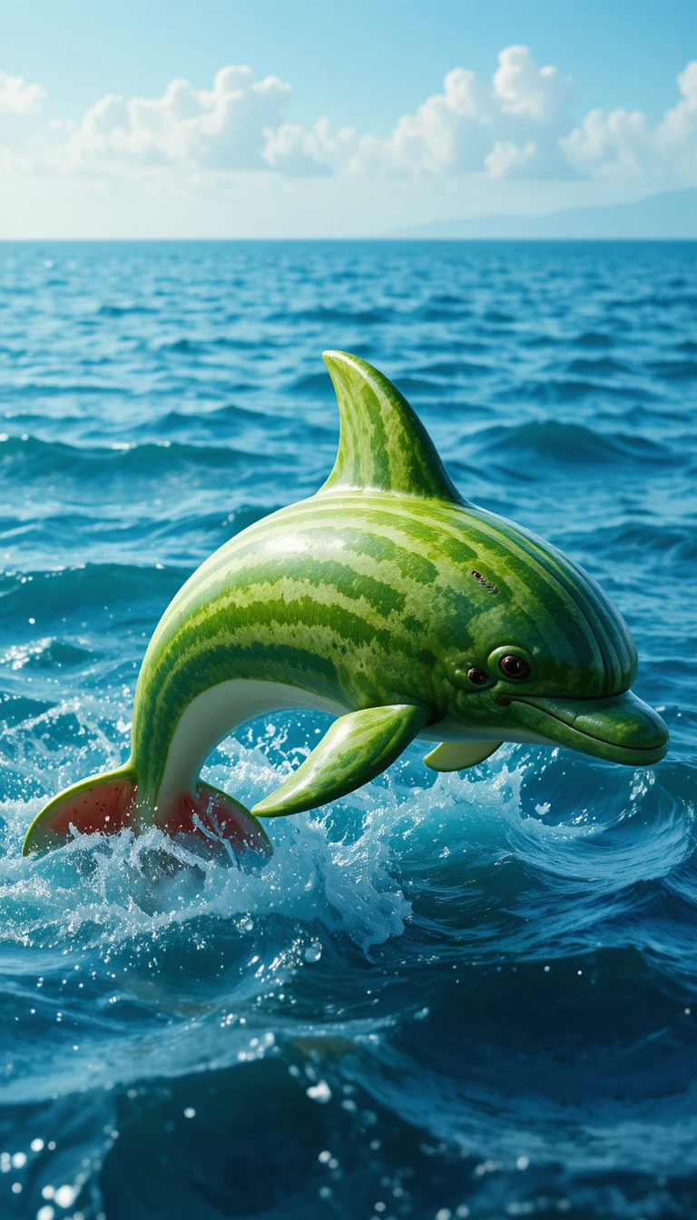 Delfino di Anguria Surreale sopra le Onde Blu dell’Oceano