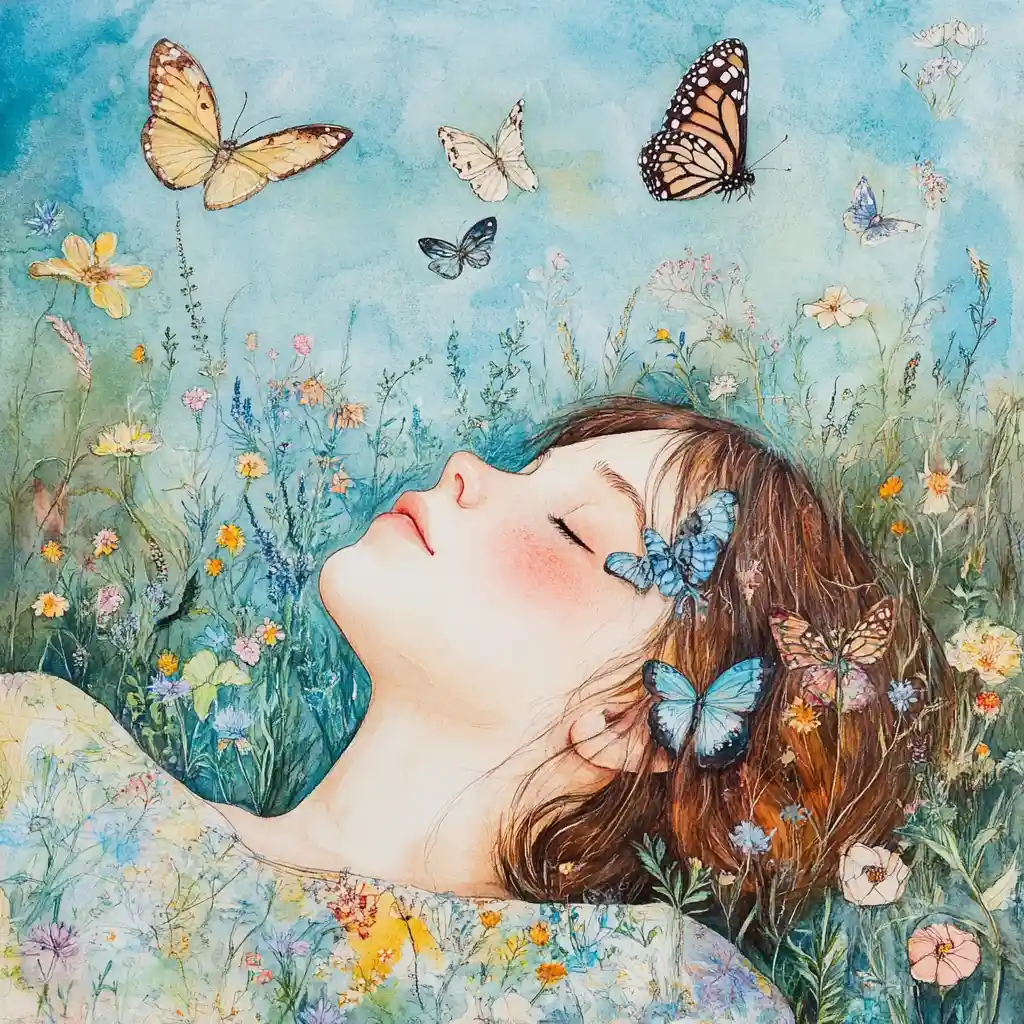 Dreamy girl lying in a flower meadow with butterflies