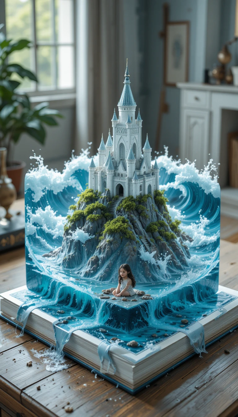 Isometric fantasy world emerging from an open book