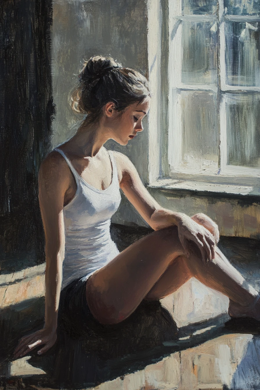 Contemporary impressionist painting of resting ballerina on floor