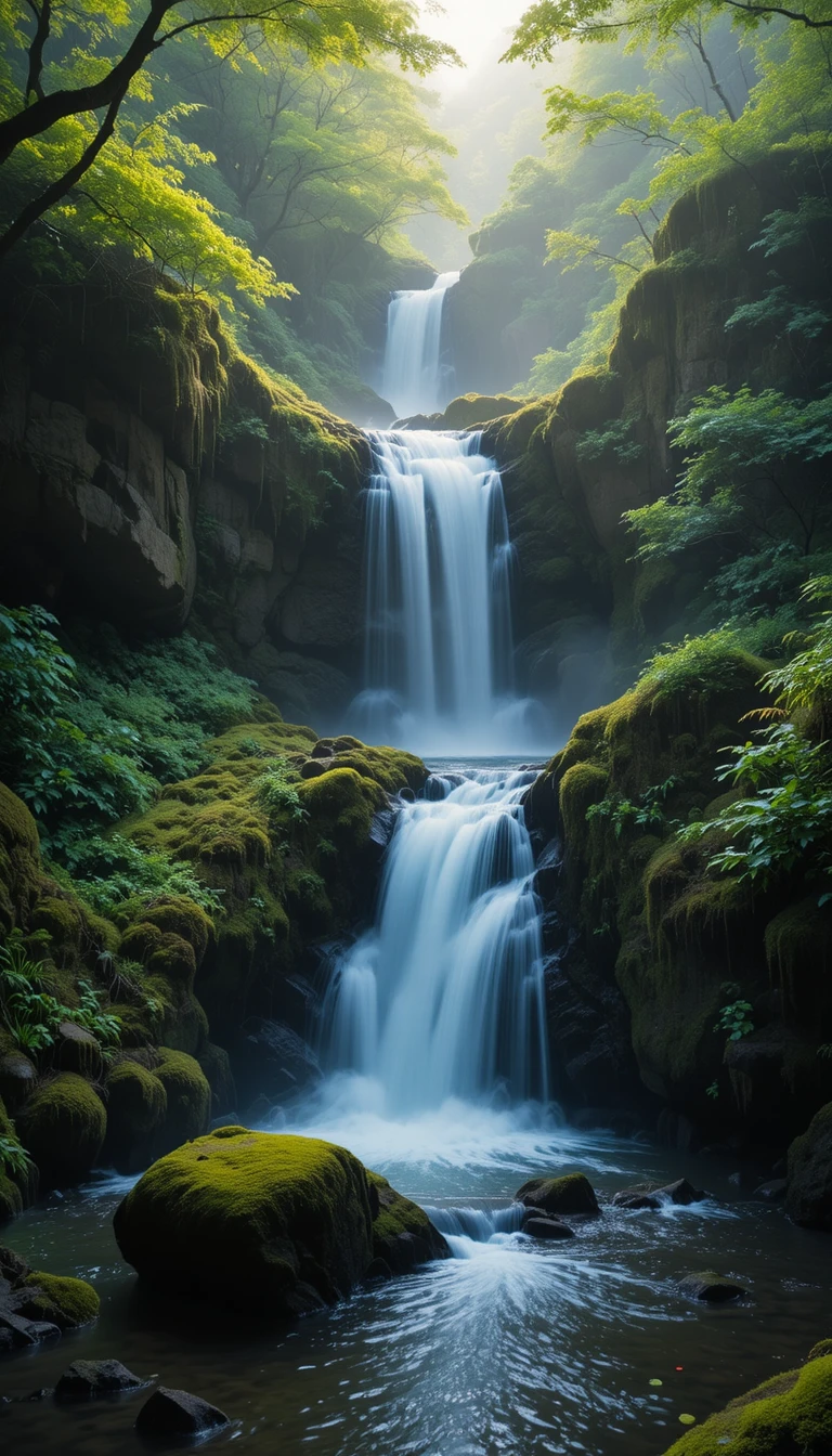 Tranquil waterfall in a lush sunlit Japanese forest