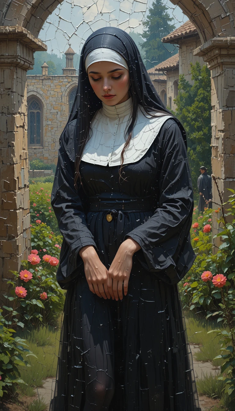 Bella suora in un giardino di monastero con pittura a impasto materica