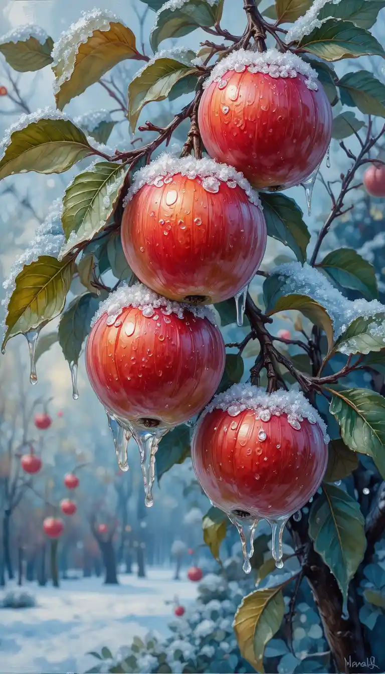 Close Up Of Icy Winter Apples On A December Tree
