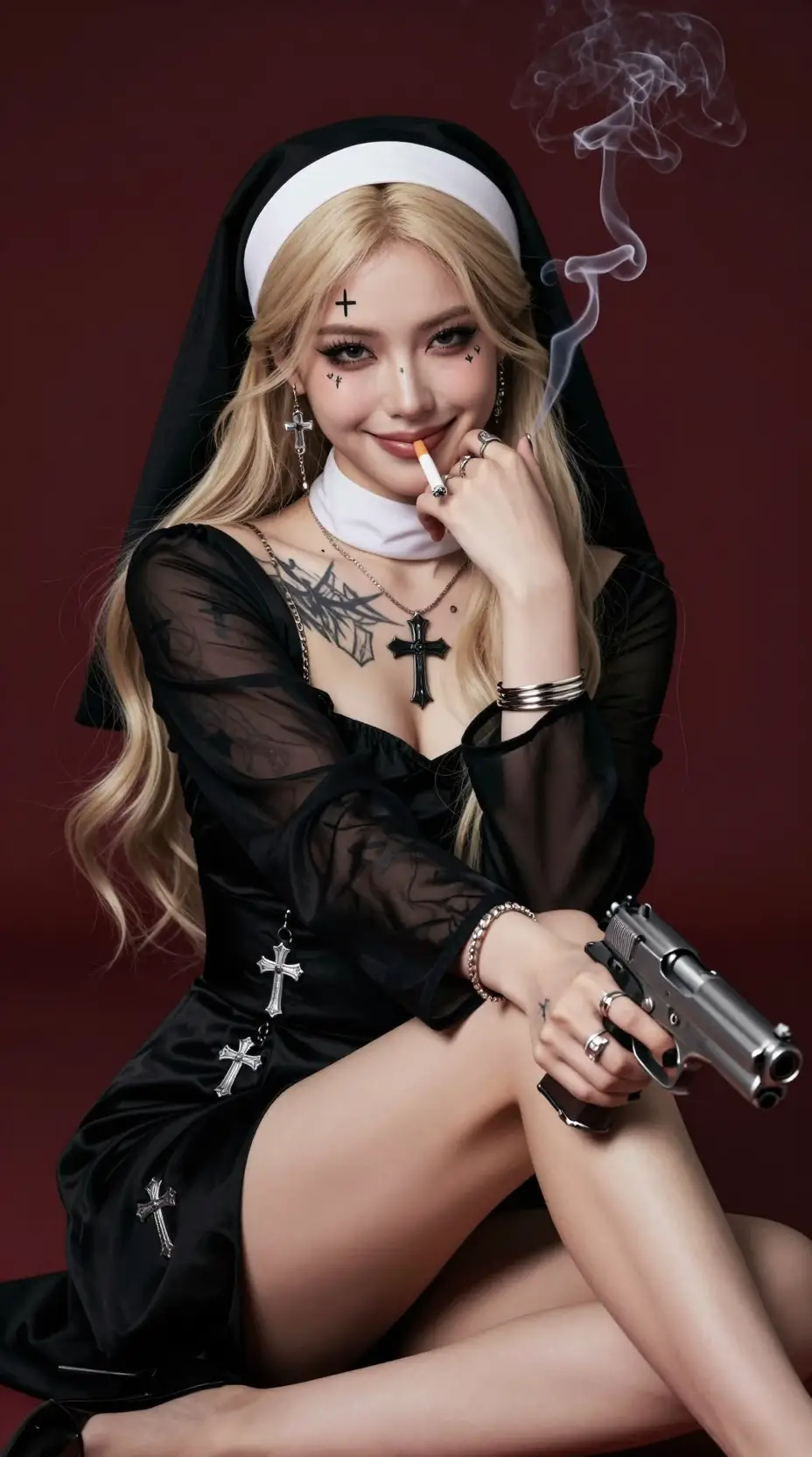 Tattooed nun with gun smoking in cinematic portrait