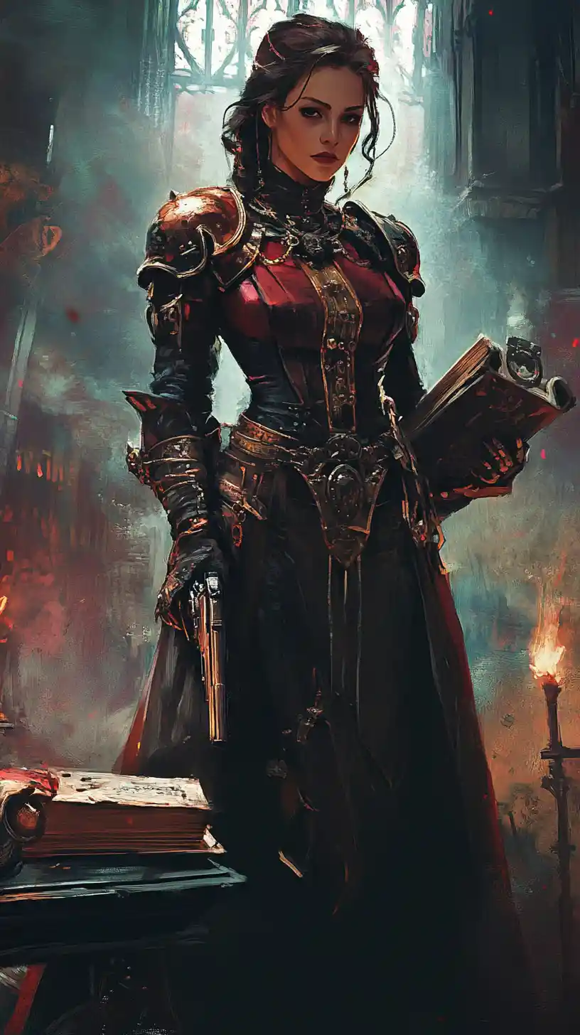 Vampire priestess in a dark steampunk street