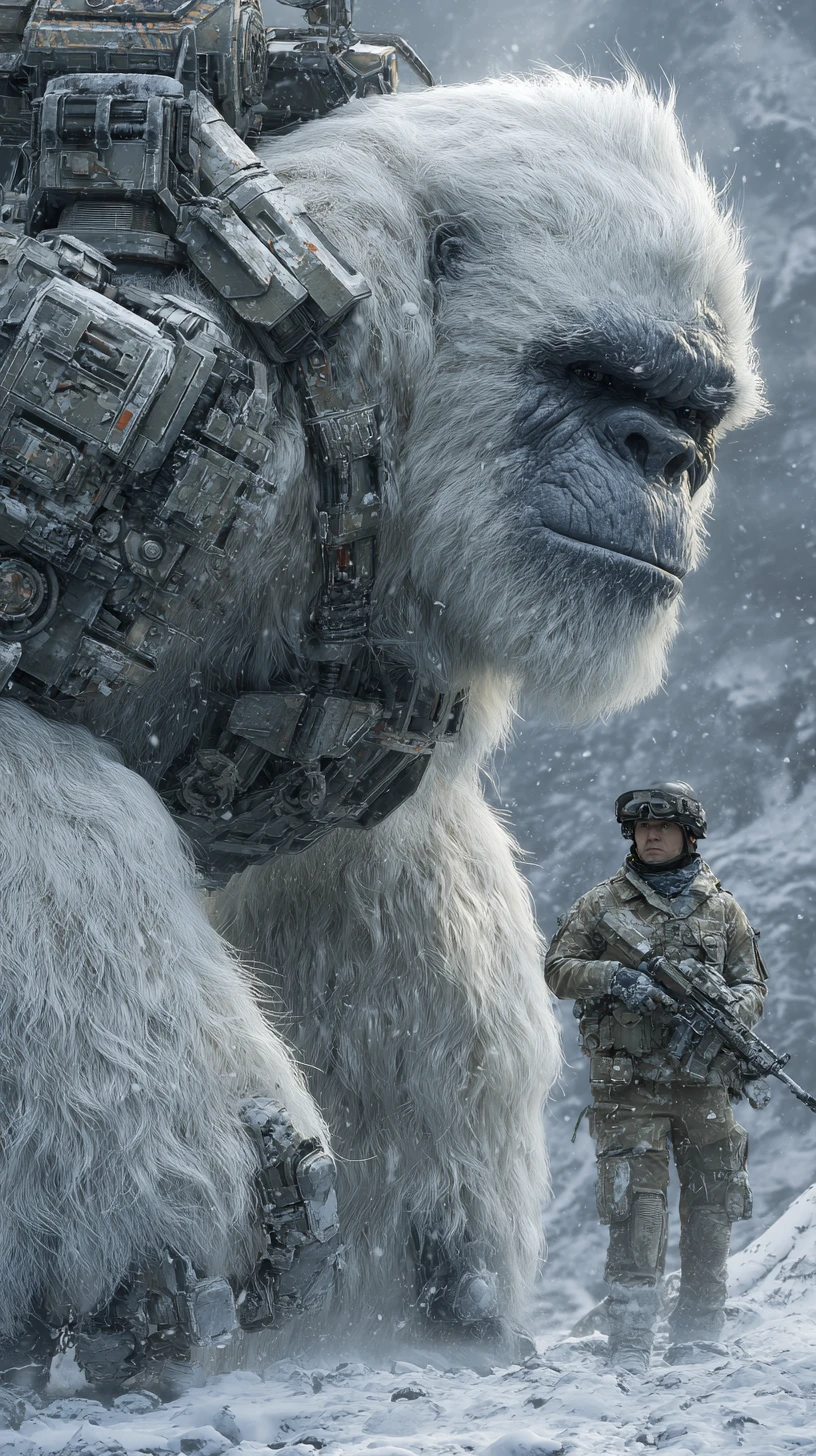 Close up of cyber armored white yeti in snowy mountains
