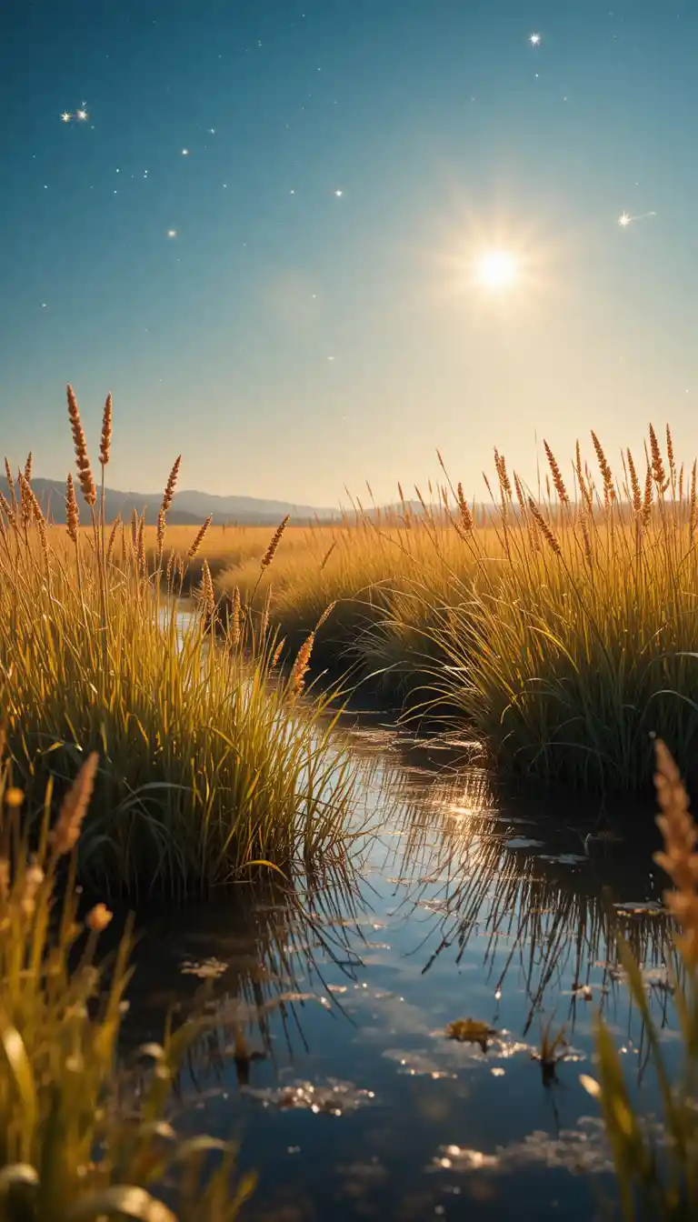 Campo dorato di erba alta sopra acqua bassa e riflettente
