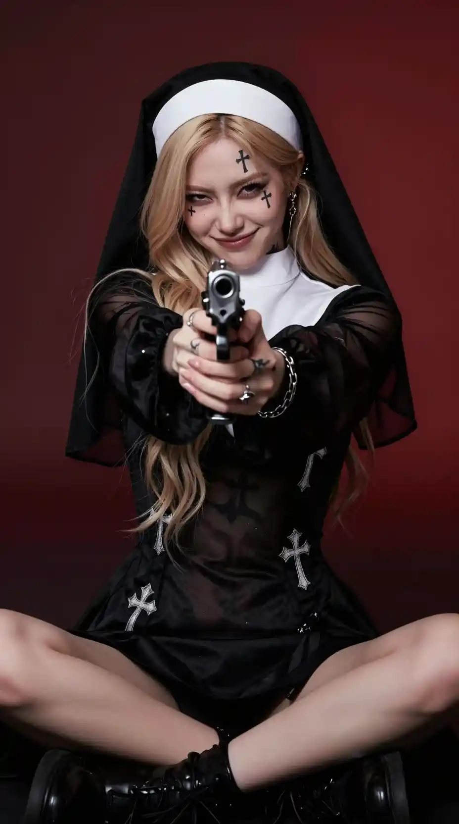 Tattooed nun aiming silver pistol toward the camera