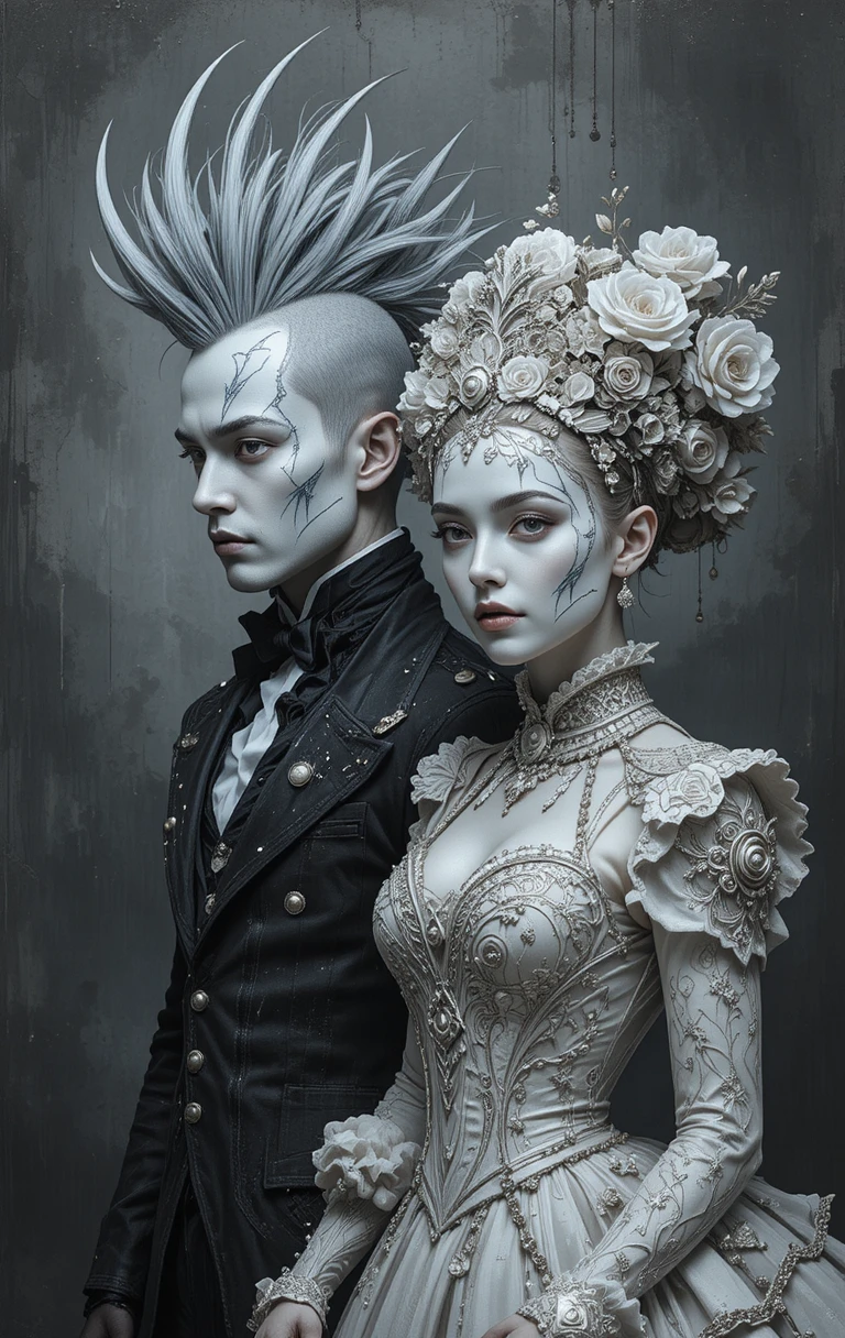 Eerie couple in steampunk makeup and victorian costume