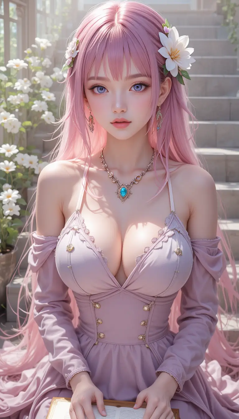 Pink haired anime girl with flowers and jewelry on stairs