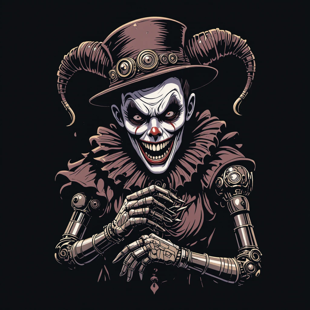 Sinister steampunk clown with mechanical limbs on black