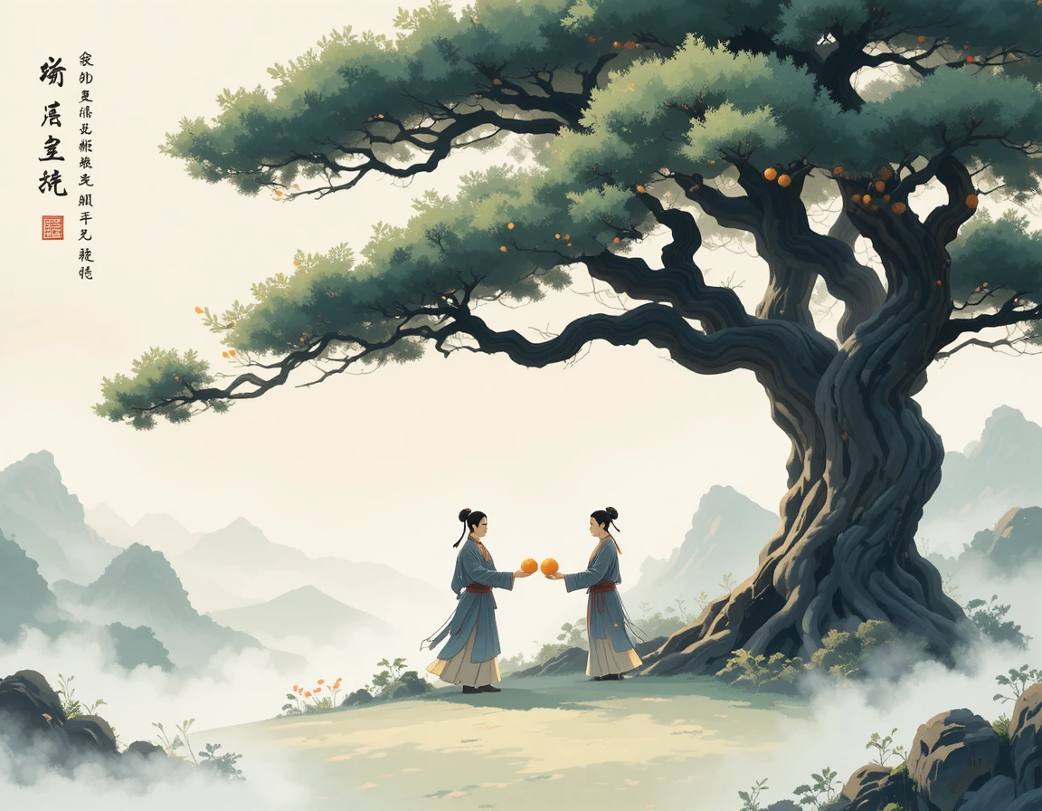 Kaiserliche Gestalten handeln mit Orangen in nebeligen chinesischen Bergen