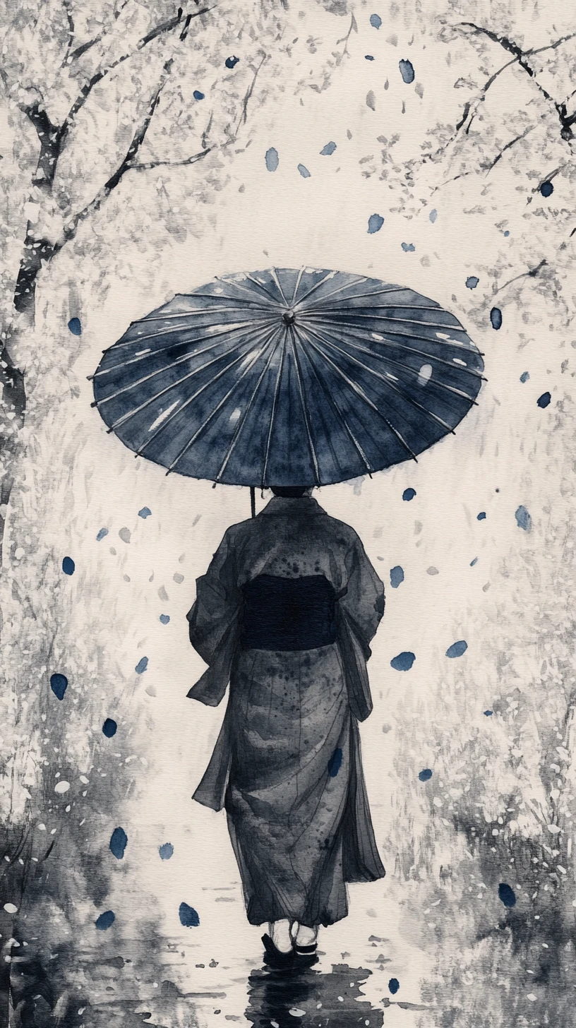 Lone Figure Under Umbrella In Falling Cherry Blossom Petals